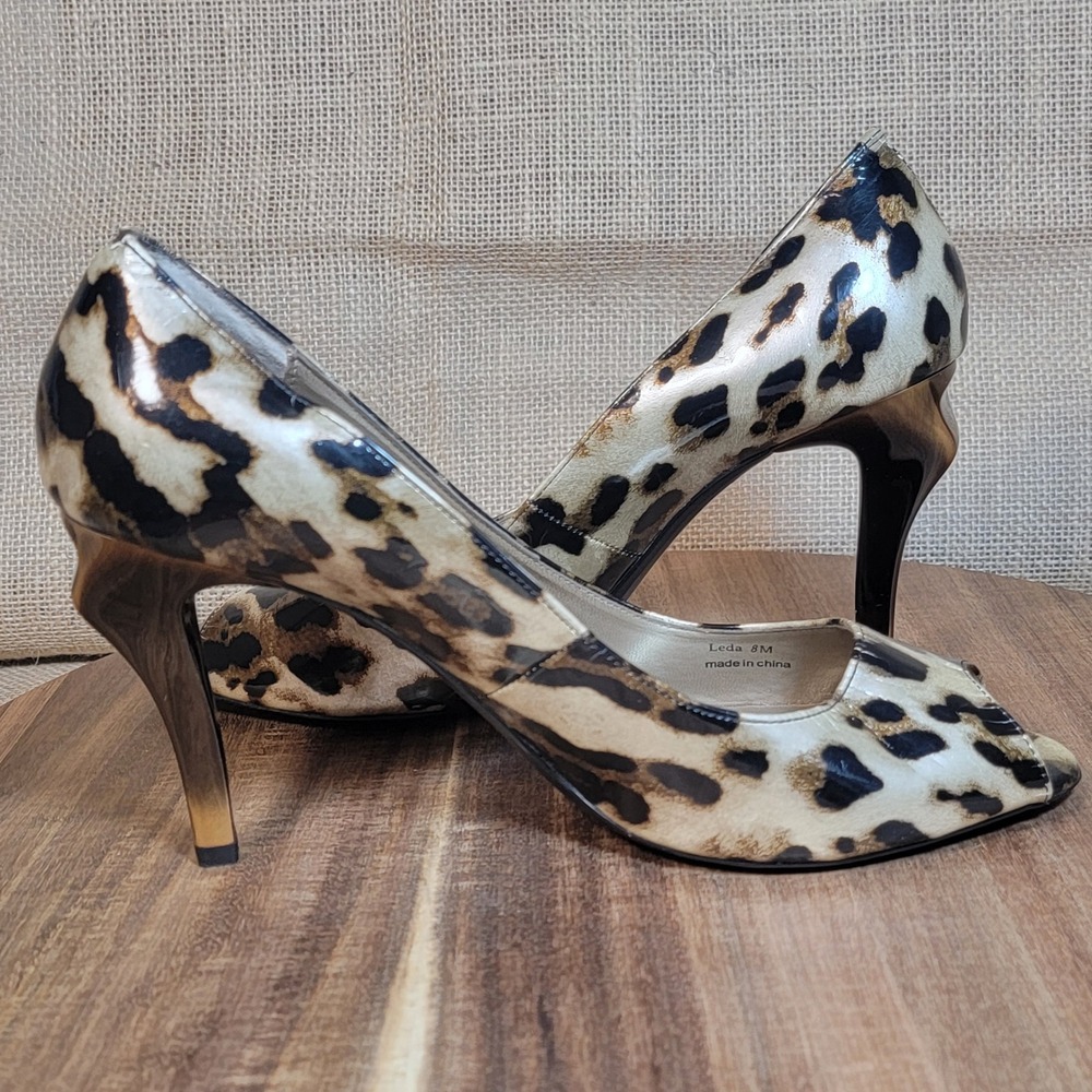 J. Renee Leda Heels Leopard Print Patent Leather Peep Toe Stiletto Size 8 M - Picture 8 of 11
